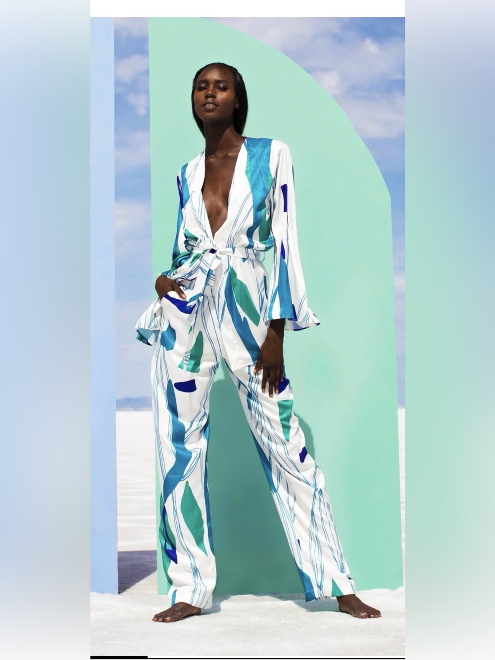Printed White & Blue Kimono and matching pants